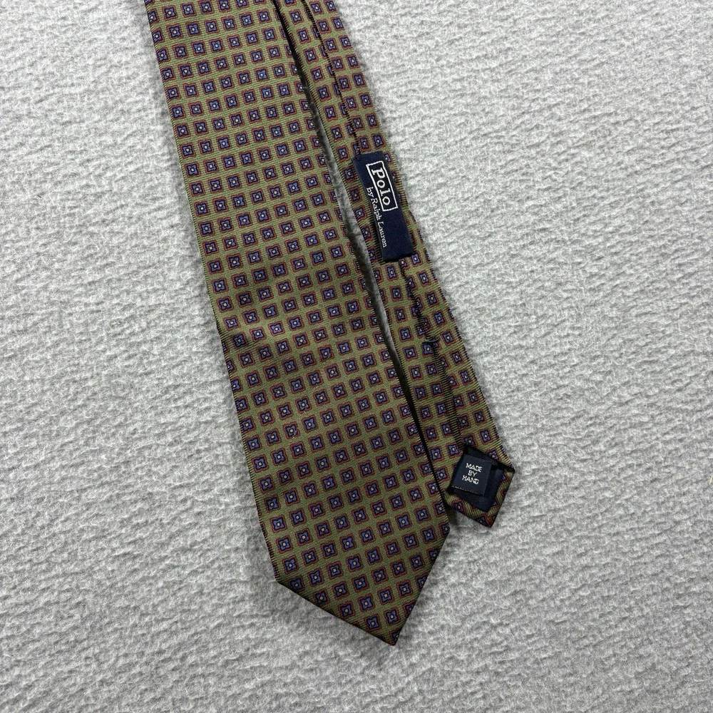 Vintage Polo Ralph Lauren Necktie Silk Geometric Foulard Olive Green Blue USA